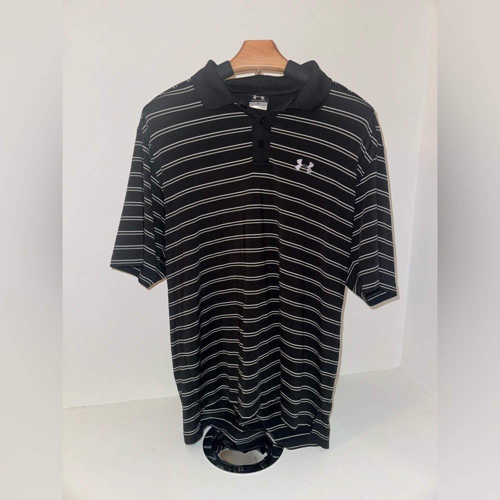 Under Armour Men’s Polo Shirt Black White Striped Golf Casual Size -Medium